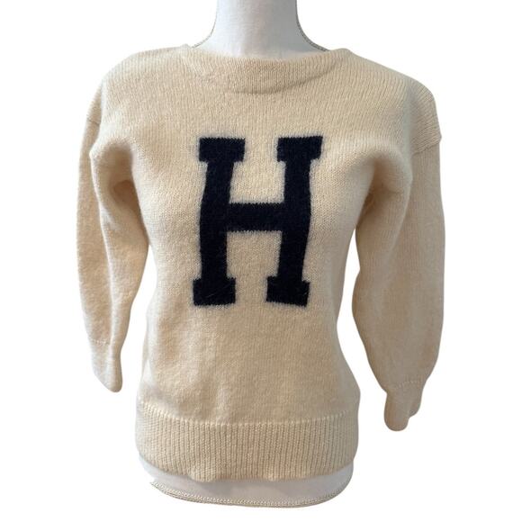 Vintage 90s Varsity Athletic Collegiate Wool Letter Sweater H Off White - Picture 1 of 6